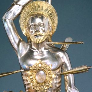 São Sebastião. Pormenor de relicário em prata.Relicário em prata dourada. Século XVI.