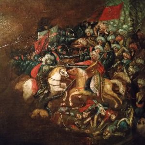 Batalha. Pormenor da pintura a óleo 'Visão de Afonso Henriques na batalha de Ourique'. Século XVII.