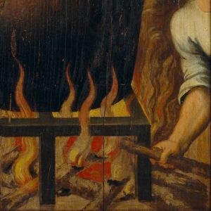 Caldeirão ao lume. Pormenor da pintura a óleo sobre madeira 'Martírio de São João Evangelista'. Século XVII.