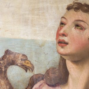 Rosto de São João Evangelista. Pormenor de pintura a óleo sobre madeira. Século XVII.
