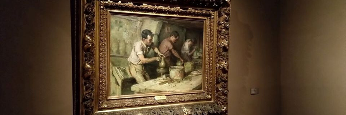 Pintura "Os Oleiros", de José Malhoa. Exposição temporária de arte contemporânea.