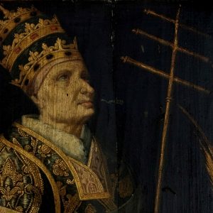 Pormenor da pintura a óleo sobre madeira 'São Dâmaso'. Século XVI.